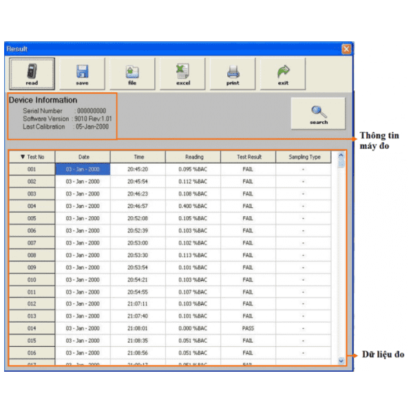 Máy đo nồng độ cồn AL9010 dữ liệu