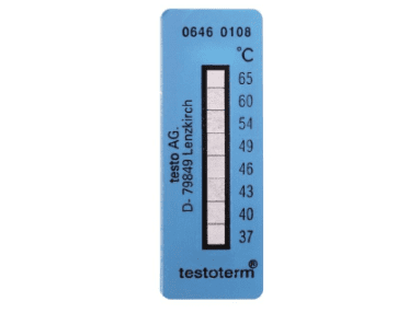 Dải nhiệt độ tự dính Testoterm có thể được dán trên nhiều bề mặt khác nhau và phản ứng với sự gia tăng nhiệt độ cụ thể bằng cách thay đổi màu sắc không thể đảo ngược trong vòng 2 đến 3 giây.