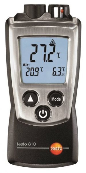 Nhiệt kế hồng ngoại testo 810 cho phép đo đồng thời nhiệt độ không khí và nhiệt độ bề mặt của vật thể được đo - mà không cần tiếp xúc. Dụng cụ đo nhiệt độ hồng ngoại tự động hiển thị chênh lệch nhiệt độ.